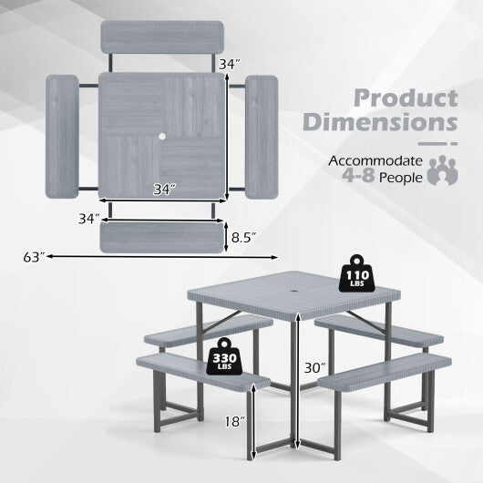 Outdoor Square Picnic Table Bench Set for 4-8 People with Umbrella Hole-Gray W2B