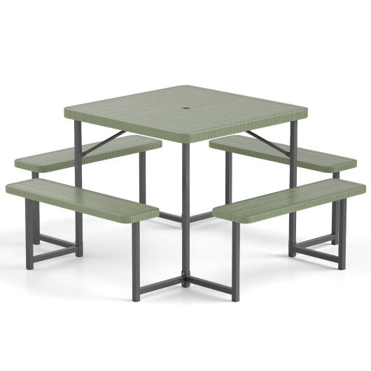 Outdoor Square Picnic Table Bench Set for 4-8 People with Umbrella Hole-Gray W2B