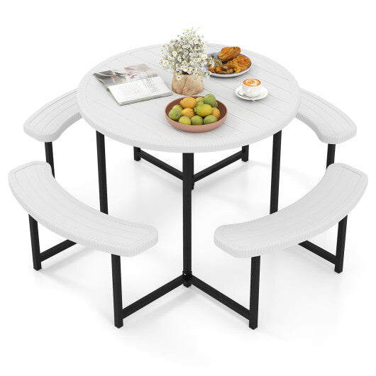 Round Picnic Table Bench Set with 4 Benches and Umbrella Hole for Patio Lawn-White W2B