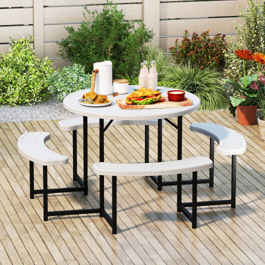 Round Picnic Table Bench Set with 4 Benches and Umbrella Hole for Patio Lawn-White W2B