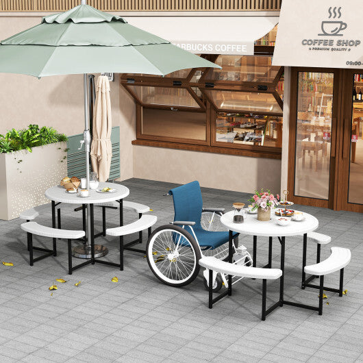 Round Picnic Table Bench Set with 4 Benches and Umbrella Hole for Patio Lawn-White W2B