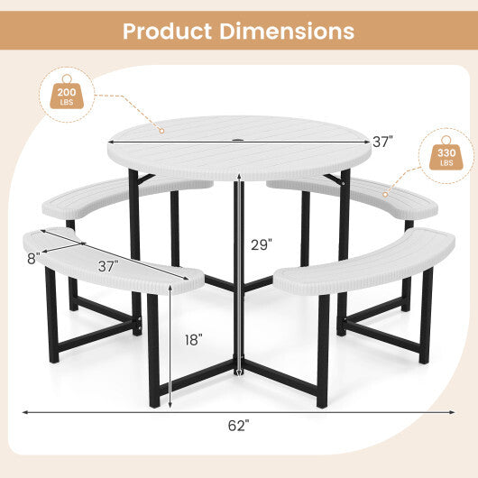 Round Picnic Table Bench Set with 4 Benches and Umbrella Hole for Patio Lawn-White W2B