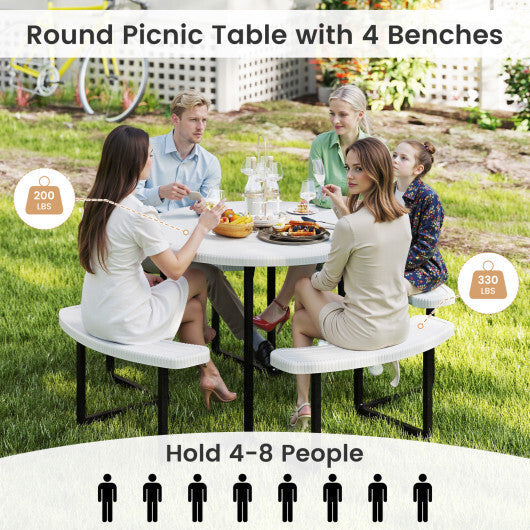 Round Picnic Table Bench Set with 4 Benches and Umbrella Hole for Patio Lawn-White W2B