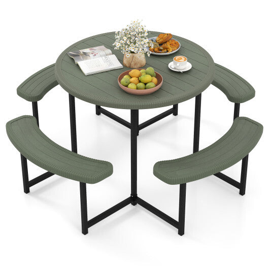 Round Picnic Table Bench Set with 4 Benches and Umbrella Hole for Patio Lawn-White W2B