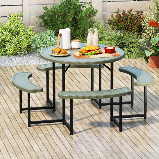 Round Picnic Table Bench Set with 4 Benches and Umbrella Hole for Patio Lawn-White W2B