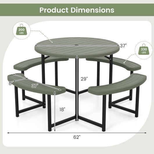 Round Picnic Table Bench Set with 4 Benches and Umbrella Hole for Patio Lawn-White W2B