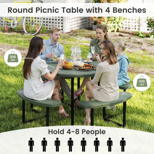 Round Picnic Table Bench Set with 4 Benches and Umbrella Hole for Patio Lawn-White W2B