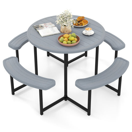 Round Picnic Table Bench Set with 4 Benches and Umbrella Hole for Patio Lawn-White W2B