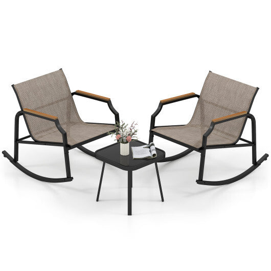 3 Piece Patio Rocking Bistro Set with Tempered Glass Coffee Table and Armrests for Porch-Brown