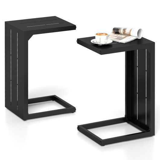 Set of 2 C-Shaped End Table with Adjustable Foot Pads for Indoors Outdoors-Black W2B