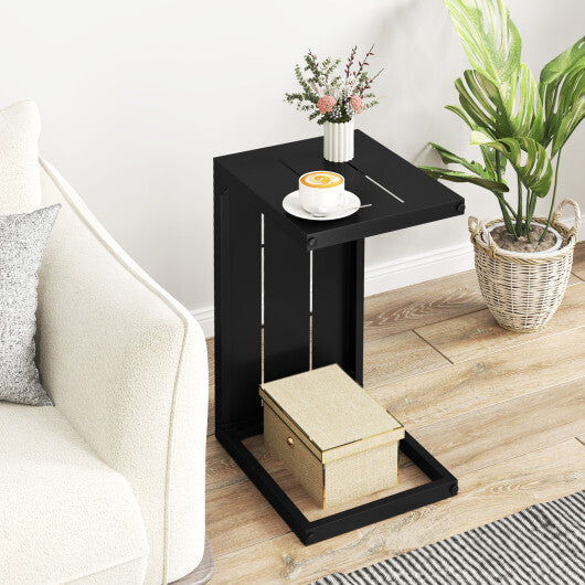 Set of 2 C-Shaped End Table with Adjustable Foot Pads for Indoors Outdoors-Black W2B