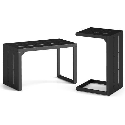 Set of 2 C-Shaped End Table with Adjustable Foot Pads for Indoors Outdoors-Black W2B