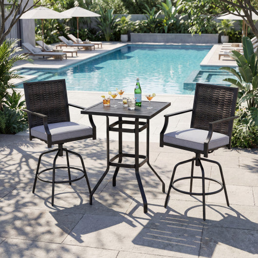 3 Pieces Outdoor Swivel Bar Set High Top Patio Bar Table and Rattan Wicker Chairs W2B