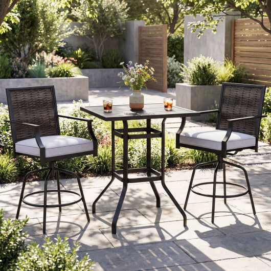 3 Pieces Outdoor Swivel Bar Set High Top Patio Bar Table and Rattan Wicker Chairs W2B