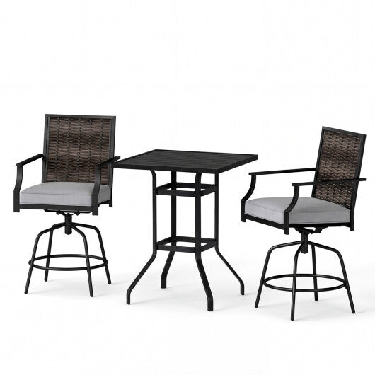 3 Pieces Outdoor Swivel Bar Set High Top Patio Bar Table and Rattan Wicker Chairs W2B