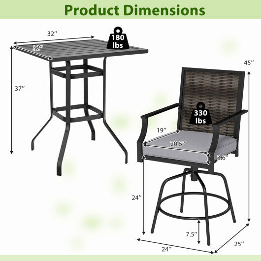 3 Pieces Outdoor Swivel Bar Set High Top Patio Bar Table and Rattan Wicker Chairs W2B