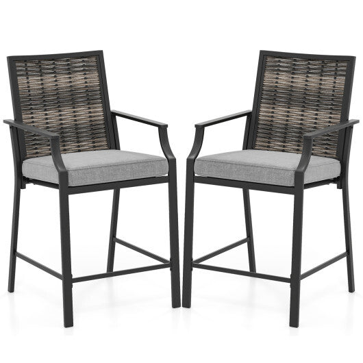 Patio Bar Stools Set of 2 Counter Height Rattan Bar Chairs with Armrest-Grey