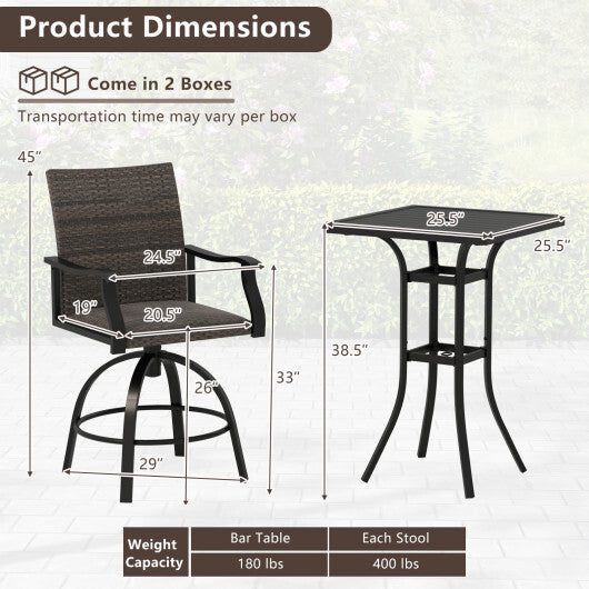 3 Pieces PE Wicker Patio Swivel Bar Set with Quick-Drying Foam-Black W2B