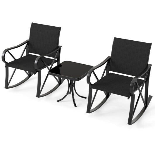 3 Piece Patio Rocking Set with Smooth Rocking Motion Outdoor Rocker Chair Bistro Set-Black W2B