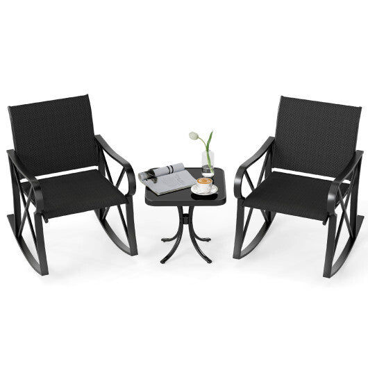 3 Piece Patio Rocking Set with Smooth Rocking Motion Outdoor Rocker Chair Bistro Set-Black W2B