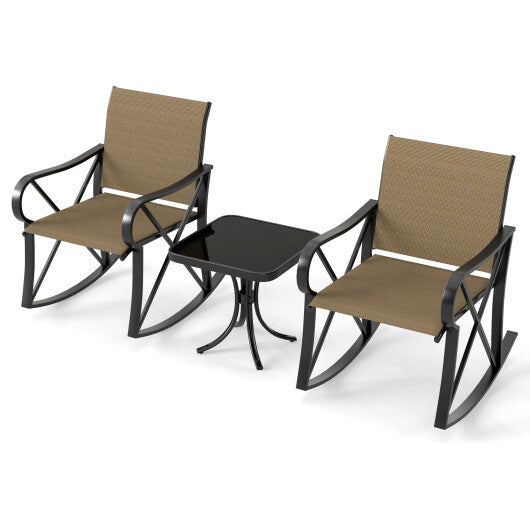 3 Piece Patio Rocking Set with Smooth Rocking Motion Outdoor Rocker Chair Bistro Set-Black W2B