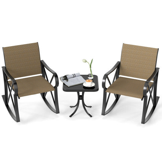 3 Piece Patio Rocking Set with Smooth Rocking Motion Outdoor Rocker Chair Bistro Set-Black W2B