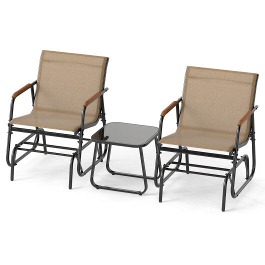 3-Piece Outdoor Glider Bistro Set with Tempered Glass Top and Metal Frame-Coffee