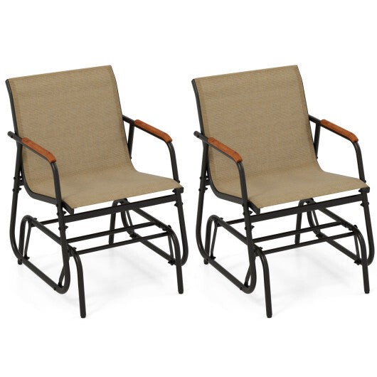 Patio Glider Chair Set of 2 with Curved Teak Armrests and Breathable Fabric Seat-Brown