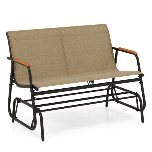 Patio Glider Bench with Curved Teak Armrests and Breathable Fabric Seat for 2 People-Brown W2B