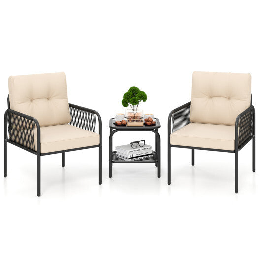 3 Pieces Patio Bistro PE Outdoor Wicker Rattan Furniture Conversation Set-Beige W2B