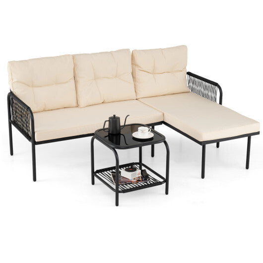 3-Piece L Shaped Patio Furniture Set PE Rattan Sectional Sofas-Beige
