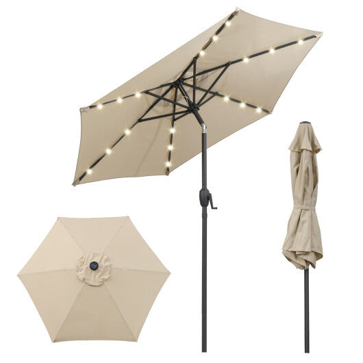7.5 Feet Solar Powered Patio Umbrella with LED Lights and Crank Handle-Tan