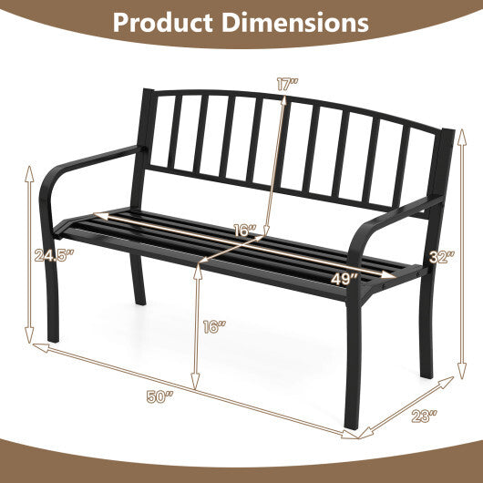 50 Inches Outdoor Garden Bench with Slatted Backrest and Curved Armrests-Black