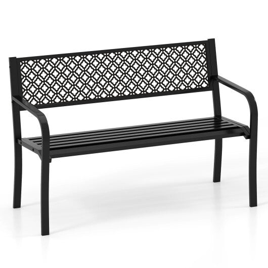 50 Inches Outdoor Garden Bench with Geometric Lattice Backrest and Slatted Seat-Black W2B