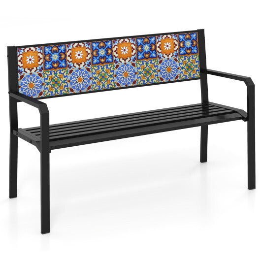 50 Inch Patio Metal Bench Slatted Loveseat for 2-3 People with Mosaic Backrest-Black W2B