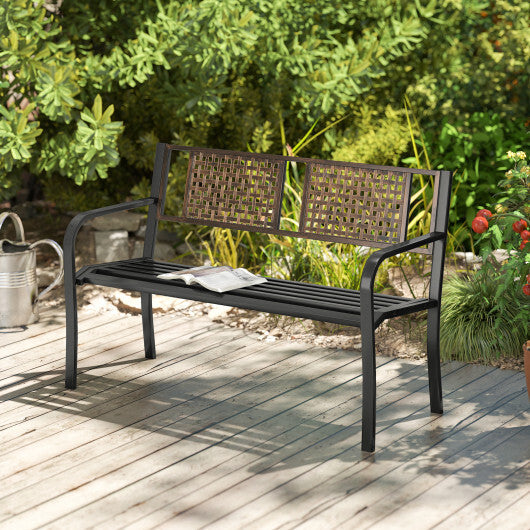 50 Inch Outdoor Metal Garden Bench with Rattan-Like Backrest for 2-3 People-Black W2B