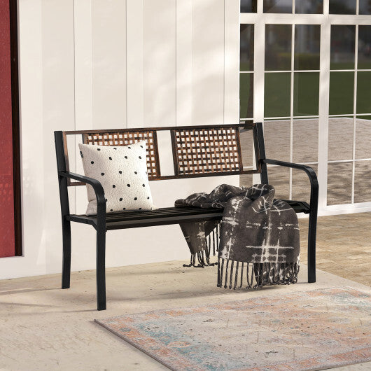 50 Inch Outdoor Metal Garden Bench with Rattan-Like Backrest for 2-3 People-Black W2B