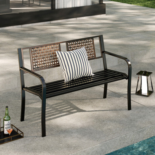 50 Inch Outdoor Metal Garden Bench with Rattan-Like Backrest for 2-3 People-Black W2B