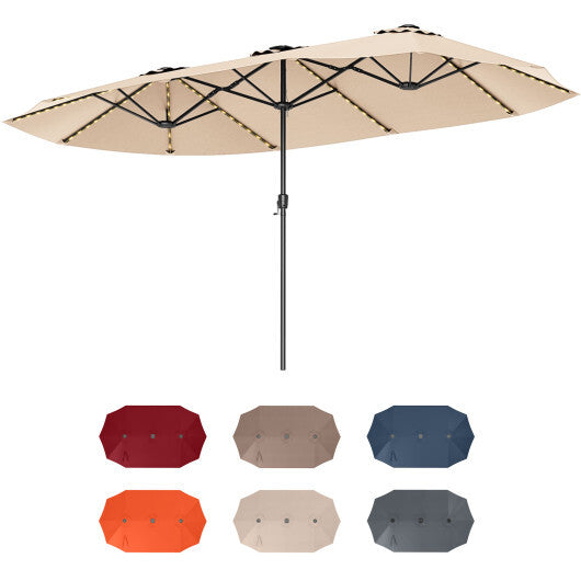 15.5 FT Extra-Large Patio Umbrella with LED Solar Lights and Crank Handle-Beige W2B