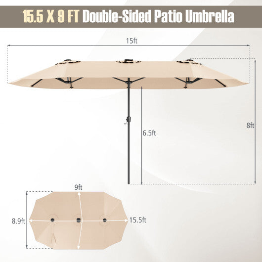 15.5 FT Extra-Large Patio Umbrella with LED Solar Lights and Crank Handle-Beige W2B