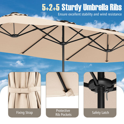 15.5 FT Extra-Large Patio Umbrella with LED Solar Lights and Crank Handle-Beige W2B