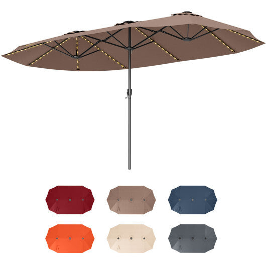 15.5 FT Extra-Large Patio Umbrella with LED Solar Lights and Crank Handle-Beige W2B