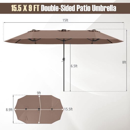 15.5 FT Extra-Large Patio Umbrella with LED Solar Lights and Crank Handle-Beige W2B
