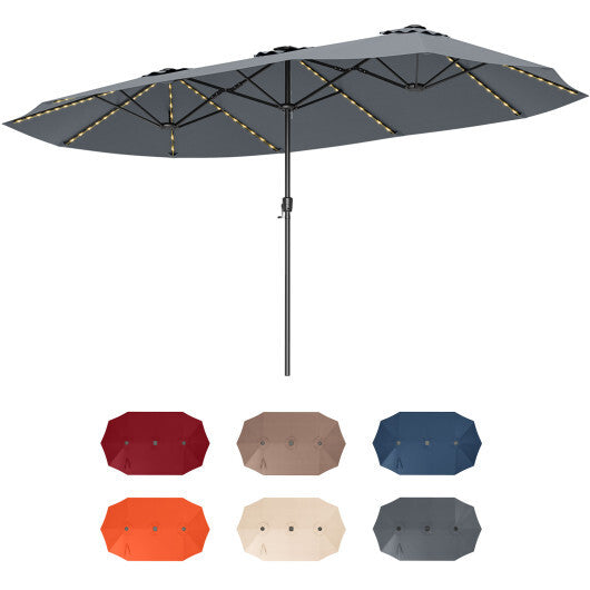 15.5 FT Extra-Large Patio Umbrella with LED Solar Lights and Crank Handle-Beige W2B