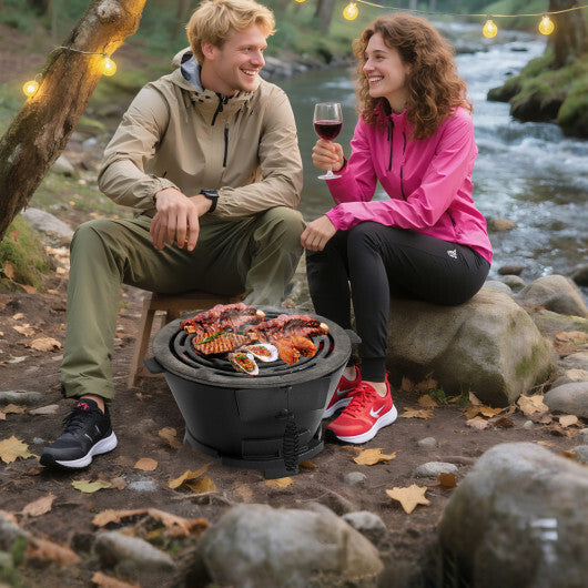 Round Hibachi Grill Outdoor Portable Charcoal Stove with 12 Inch Double-Sided Grate-Black