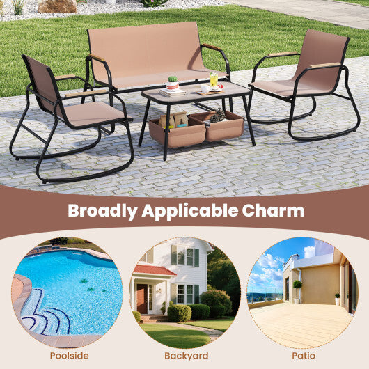 4 Pieces Patio Furniture Set with Rocking Bistro Chairs and Breathable Mesh Fabric-Coffee