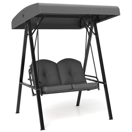 2-Person Outdoor Porch Swing with A-Shaped Metal Stand and Adjustable Canopy-Beige