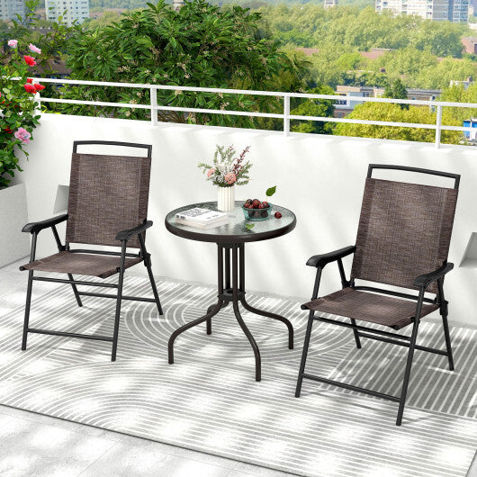 3 Pieces Patio Round Table and Folding Chairs Set with Rippled Tempered Glass Tabletop W2B