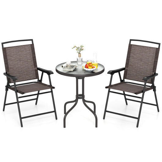 3 Pieces Patio Round Table and Folding Chairs Set with Rippled Tempered Glass Tabletop W2B
