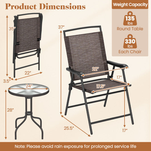 3 Pieces Patio Round Table and Folding Chairs Set with Rippled Tempered Glass Tabletop W2B
